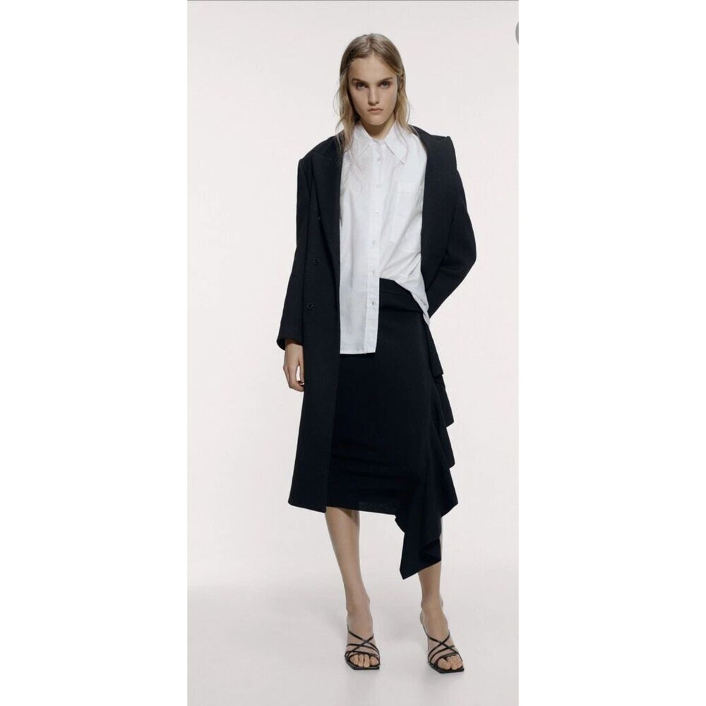 Zara Black Asymmetrical Ruffle Midi Pencil Skirt Size S